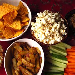A picture of What’s the game plan tonight? - Healthy Dip, Baked Veggies and Popcorn.