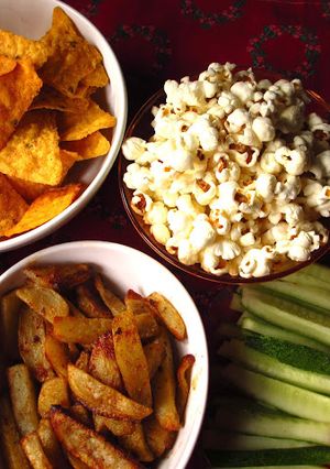 A picture of What’s the game plan tonight? - Healthy Dip, Baked Veggies and Popcorn.