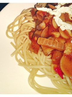 Foto resep Spaghetti with Chicken Sausage & Mushroom Sauce (Homemade)