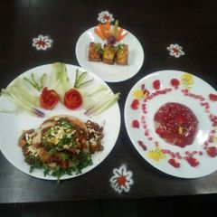 A picture of Achari paneer & Chinese sauce & fruit jelly.