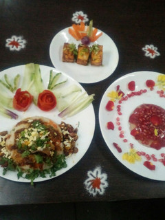 A picture of Achari paneer & Chinese sauce & fruit jelly.