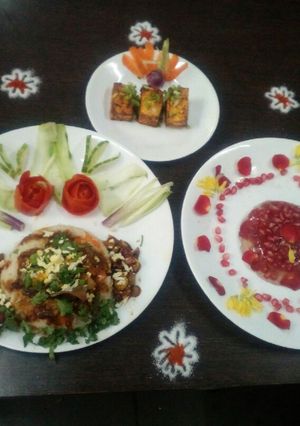 A picture of Achari paneer & Chinese sauce & fruit jelly.