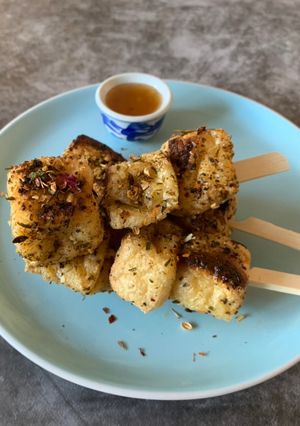 A picture of Crispy tofu spice skewers.