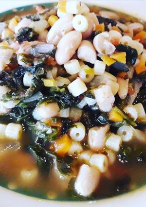 A picture of Cannellini Bean Soup with Greens (Chicory, Swiss Chard, Spinach).