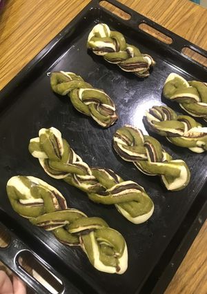 A picture of Matcha red bean braided bread.