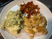 A picture of mashed potatoes and meat