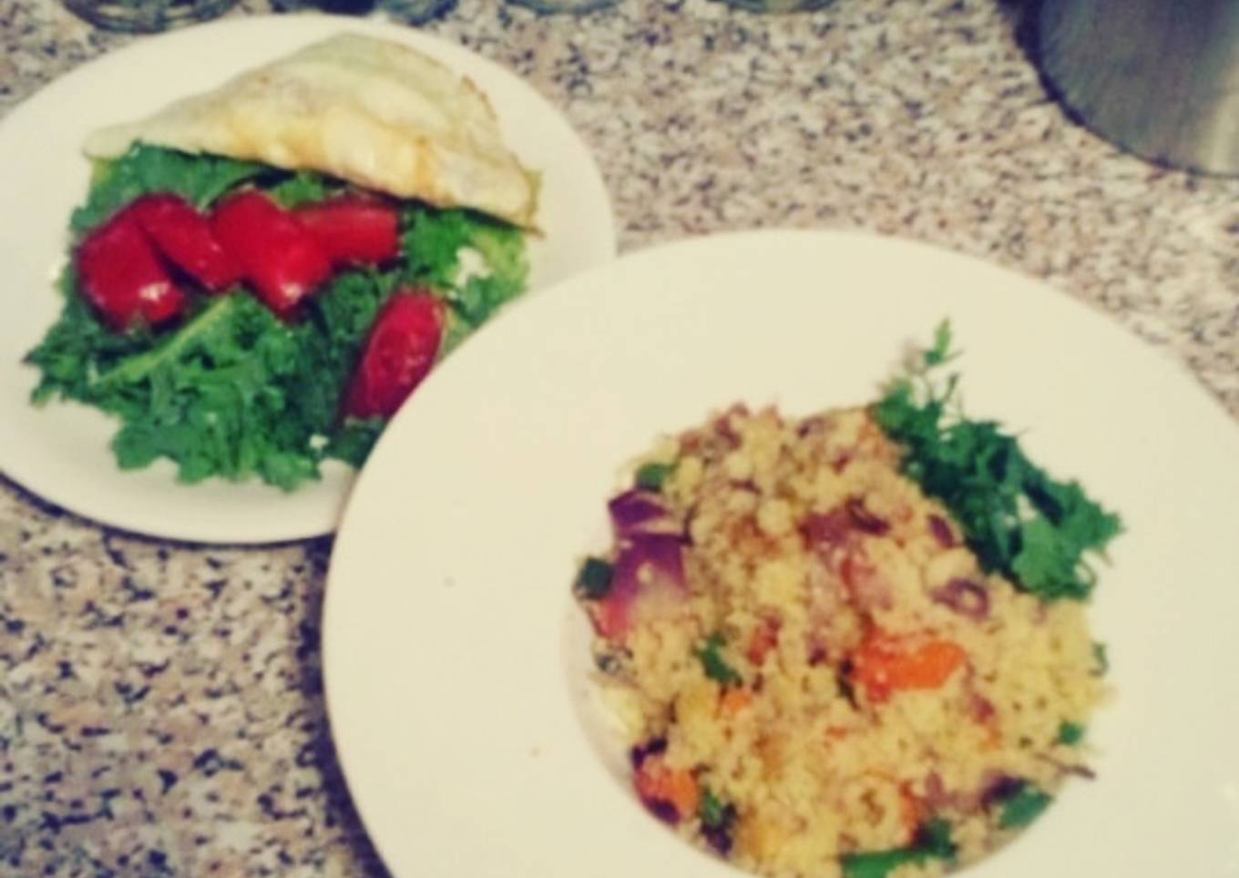 Stir fry couscous and Kale-fried egg salad