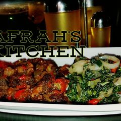 A picture of Peppered beef with sauted spinach.