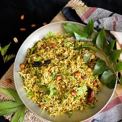 A picture of Gongura Rice / Pulihora (Gongura / Red Sorrel Leaves Rice - Andhra / Telangana style).