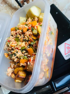 A picture of Title: Fried yam&plantain egg sauce combo.