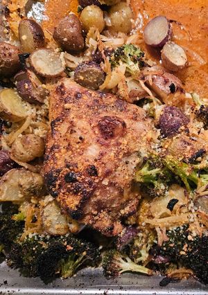 A picture of Sheet pan parmesan garlic chicken thighs.
