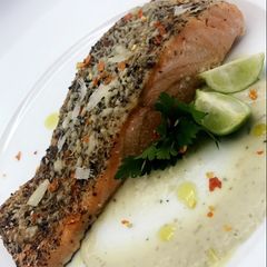 A picture of Baked Salmon and Potato Purée.