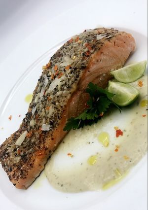 A picture of Baked Salmon and Potato Purée.