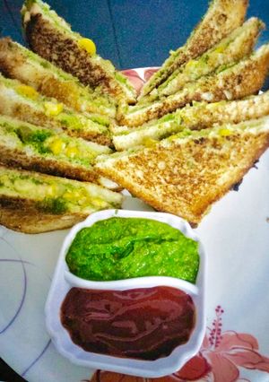 A picture of Mix Veg & cheese corn sandwich Mexican style.