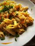 Penne with salmon & corn-soy milk