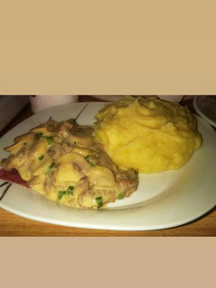 A picture of Creamy Mushroom meatball sauce and mashed potatoes.
