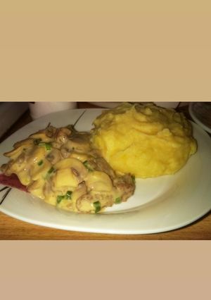 A picture of Creamy Mushroom meatball sauce and mashed potatoes.