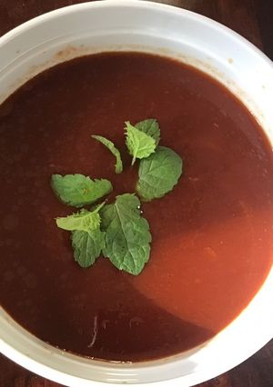 A picture of California Farm Tomato Lamb Marinade Soup.