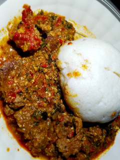 A picture of Semo nd bitter leaf soup.