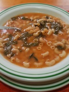 A picture of Elbow Pasta Soup with Spinach.