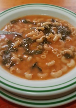 A picture of Elbow Pasta Soup with Spinach.