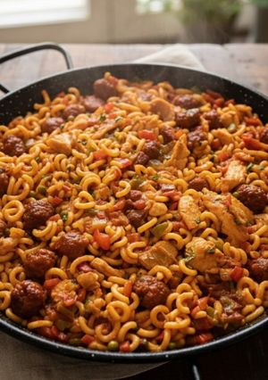 Una foto de Fideuá de Pollo y Chorizo Parrillero