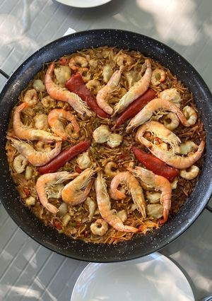 A picture of Fideuà with Mackerel and Large Shrimp.