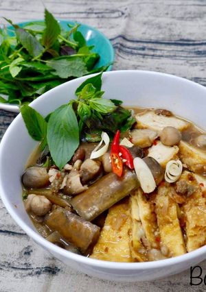 A picture of Vegan Bún Mắm (Vietnamese Fermented Noodle Soup).