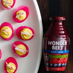 A picture of Pink Beet Deviled Eggs.