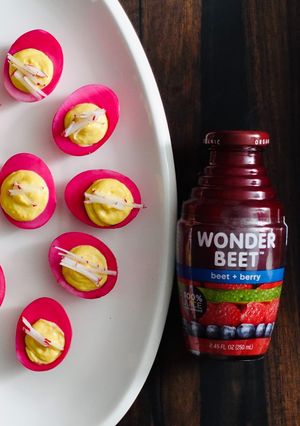 A picture of Pink Beet Deviled Eggs.