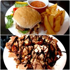 A picture of My Roast pork, Balsamic glaze on Crusty Cob with salad & chips.