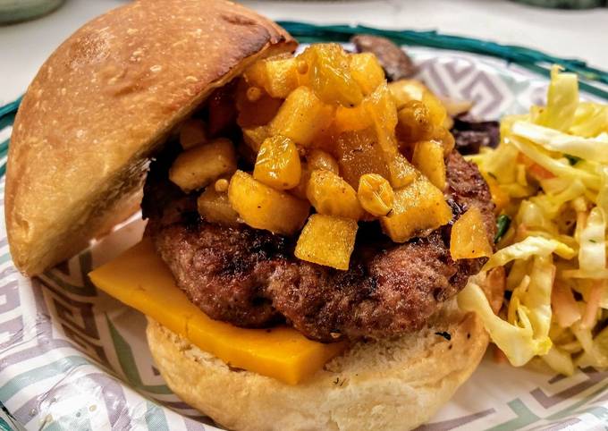 Grilled pork burger with curried apple chutney