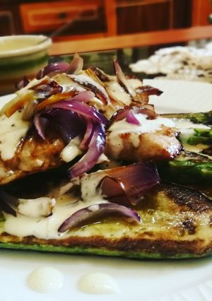 Una foto de Filete y hortalizas a la plancha con mayonesa de ajo