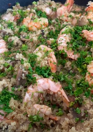 A picture of Quinoa “Risotto” Mushrooms and Prawn.