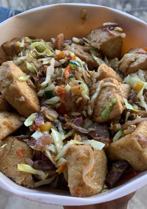 A picture of Stir fried awara with veggies and meats.