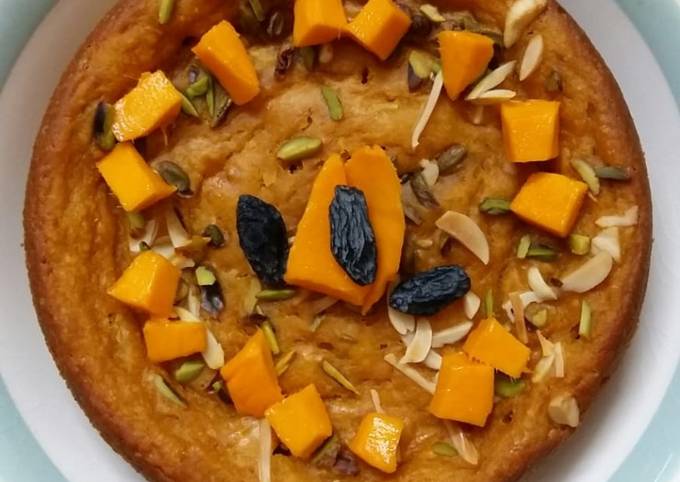 Recipe of Homemade No maida Sponge cake topped with mango and dryfruit without oven