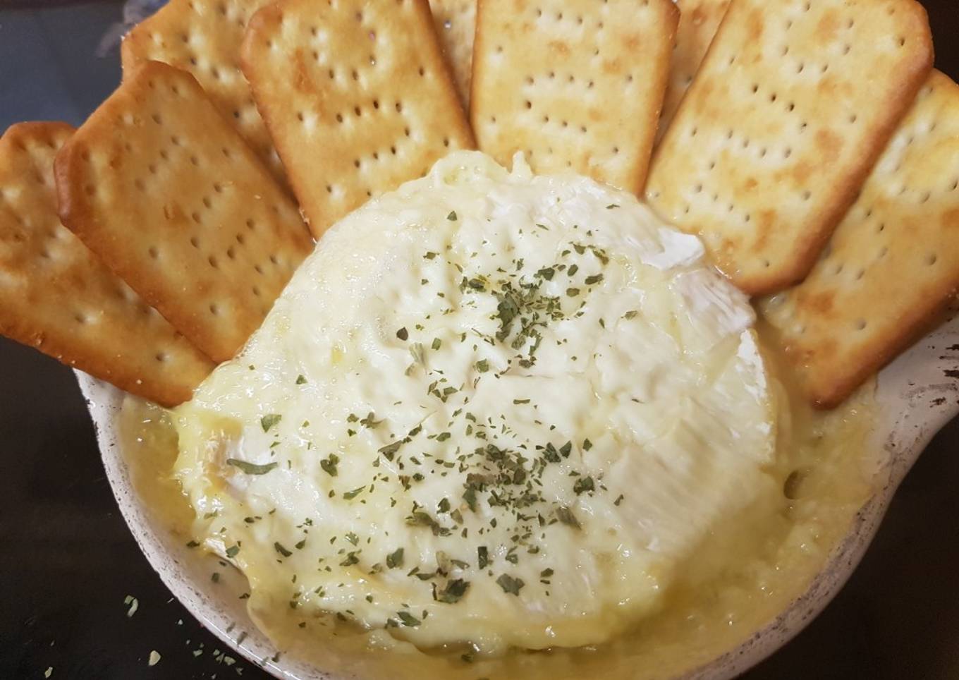 Camembert soft and smooth heated in the oven yum!!