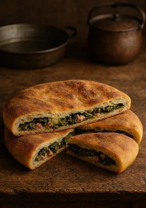 A picture of Pizza with Broccoli Rabe, Smoked Provolone, and Sausage.