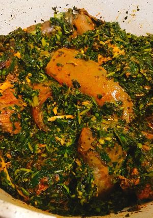 A picture of Waterleaf and bitterleaf vegetable soup.