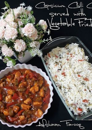 A picture of Capsicum Chilli Chicken with Vegetable Fried Rice.