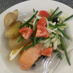A picture of Salmon with boiled potatoes and fresh salad.