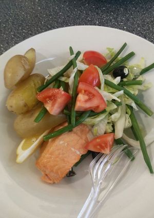 A picture of Salmon with boiled potatoes and fresh salad.