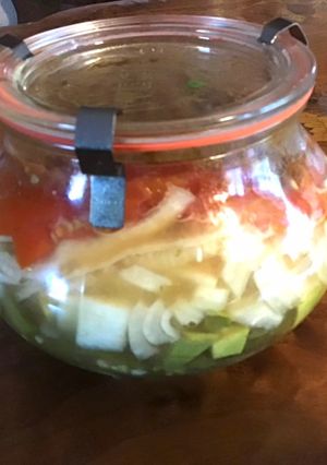 A picture of California Farm Fresh Salsa, layered.