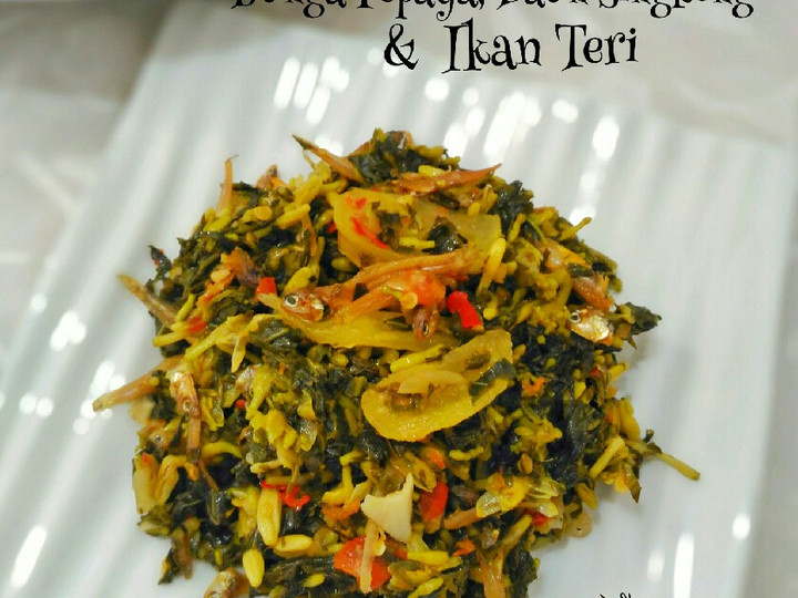 Langkah Mudah untuk Menyiapkan 35. Tumis Bunga Pepaya, Daun Singkong &amp;amp; Teri Anti Gagal