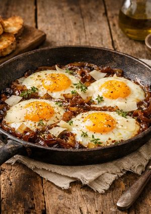 Foto di Uova sfiziose in padella con cipolla caramellata e crostini