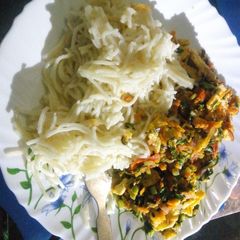 Spaghetti with fried egg and vegetables A picture of Spaghetti with fried egg and vegetables.