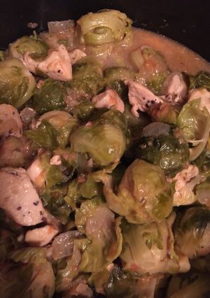 A picture of Brussels sprouts with Chicken .