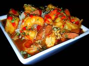 A picture of sausage and seafood gumbo