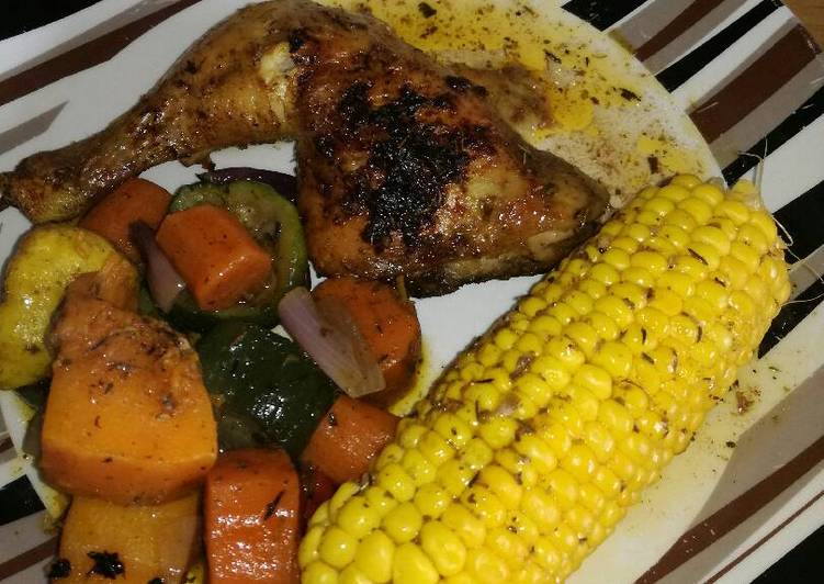 Grilled chicken with sweet corn and roast veggies