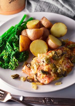 A picture of Baked Salmon With Buttery Shallots & Capers.